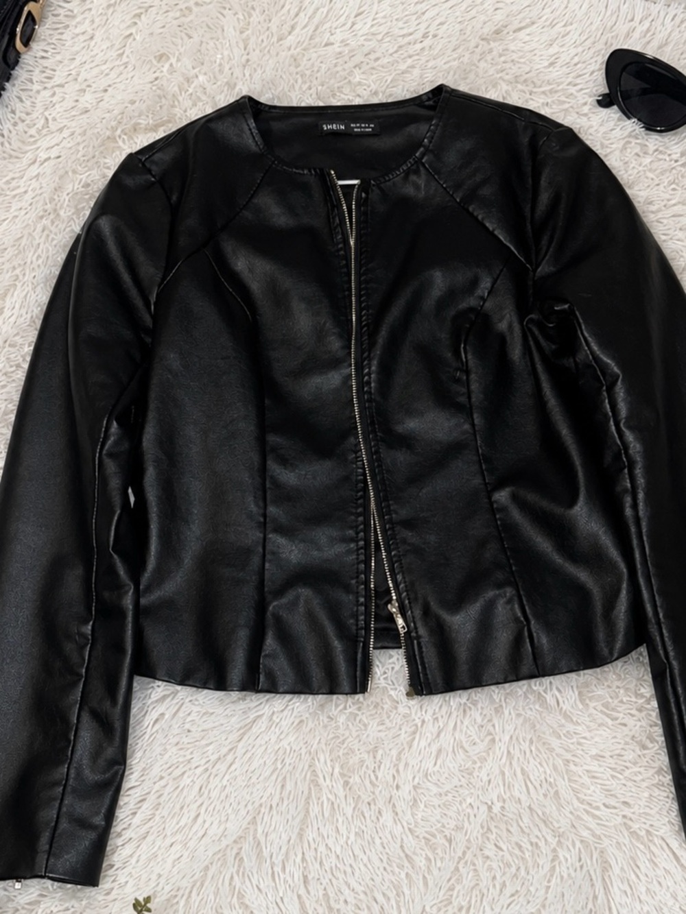 SHEIN Black Faux Leather Zip-Front Collarless Jacket